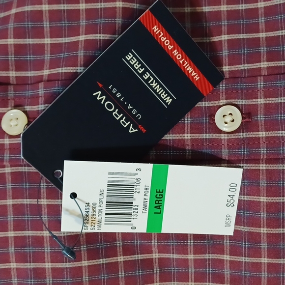 NWT Arrow USA 1851 Men's Hamilton Tawny Port Plaid Poplin Long-Sleeved Shirt - Picture 2 of 8